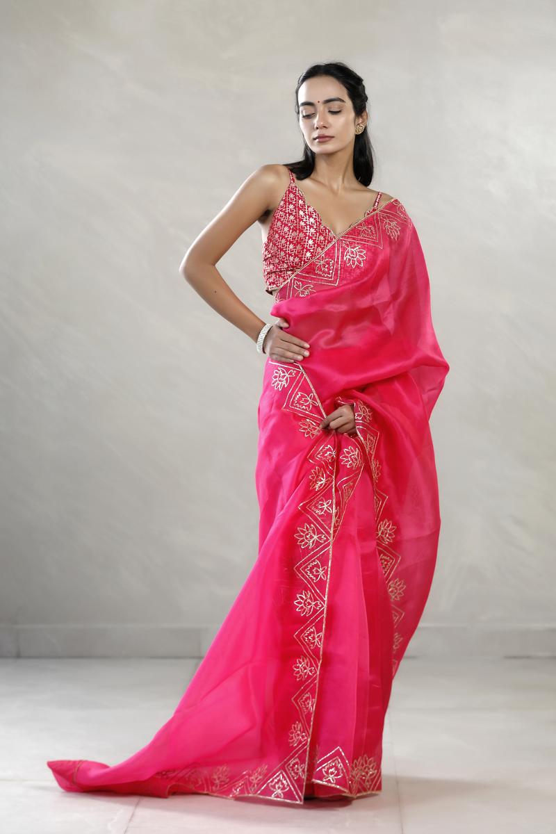 Fuchsia Pink Organza Silk Saree with Gota Patti