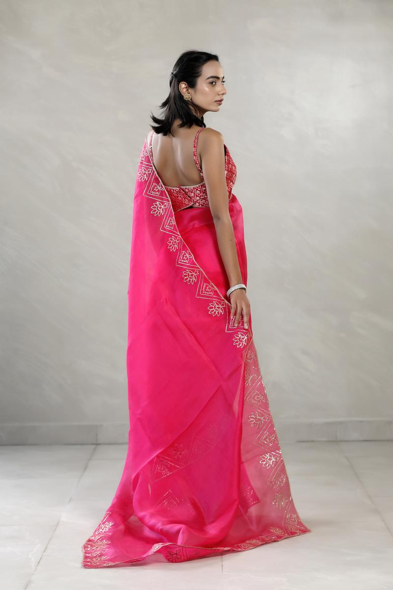 Fuchsia Pink Organza Silk Saree with Gota Patti