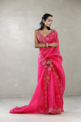 Fuchsia Pink Organza Silk Saree with Gota Patti