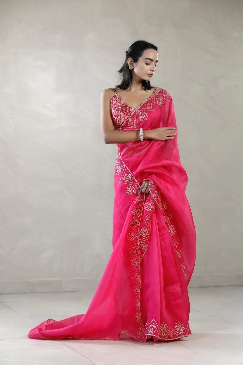 Fuchsia Pink Organza Silk Saree with Gota Patti