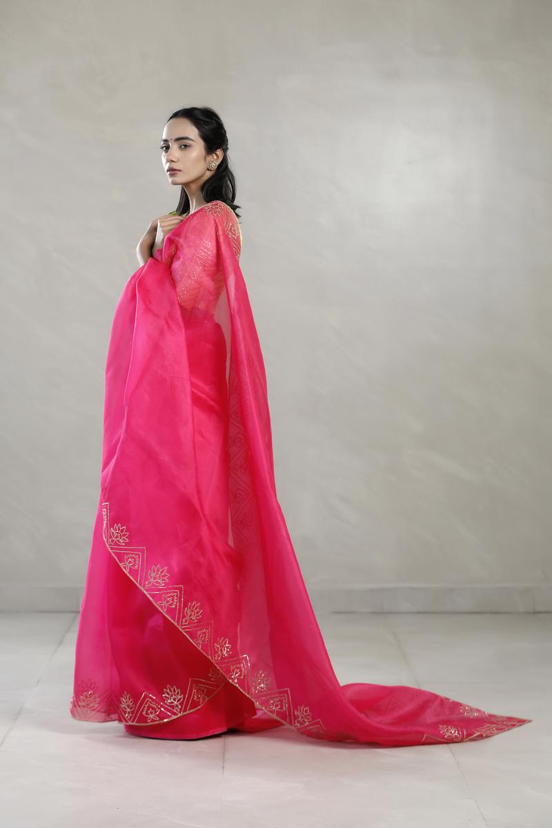 Fuchsia Pink Organza Silk Saree with Gota Patti