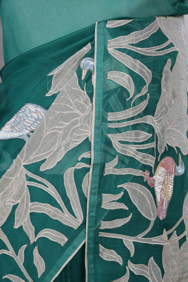 Green Organza Silk Saree with Beautiful Appliqué Work