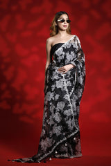 Black Organza Silk Party Wear Saree with Floral Prints