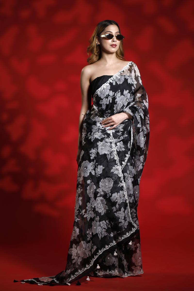 Black Organza Silk Party Wear Saree with Floral Prints