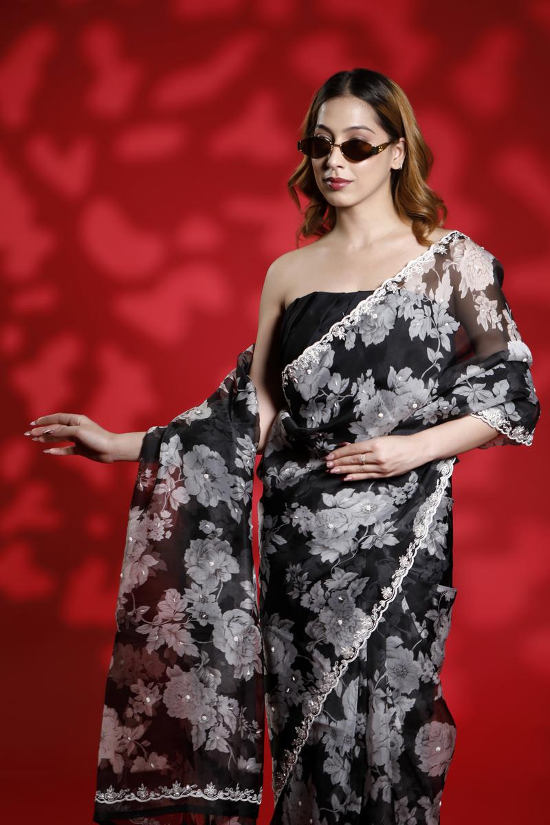 Black Organza Silk Party Wear Saree with Floral Prints