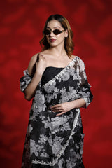 Black Organza Silk Party Wear Saree with Floral Prints