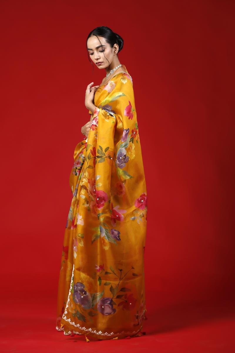 mustard saree, organza saree, Bollywood saree, Banarasi saree, party wear saree, Wedding Saree, cocktail saree