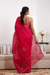 Red Organza Silk Saree with Floral Aari Handwork