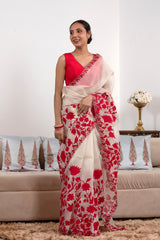 White and Red Organza Silk Saree with Applique & Cutwork