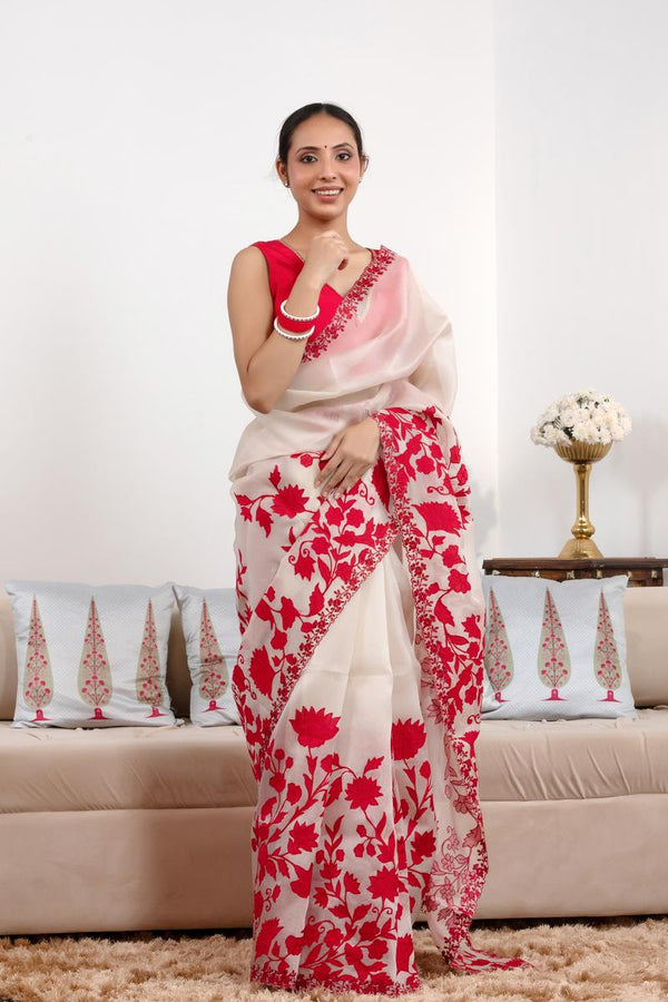 Red Organza Silk Saree with Floral Aari Handwork