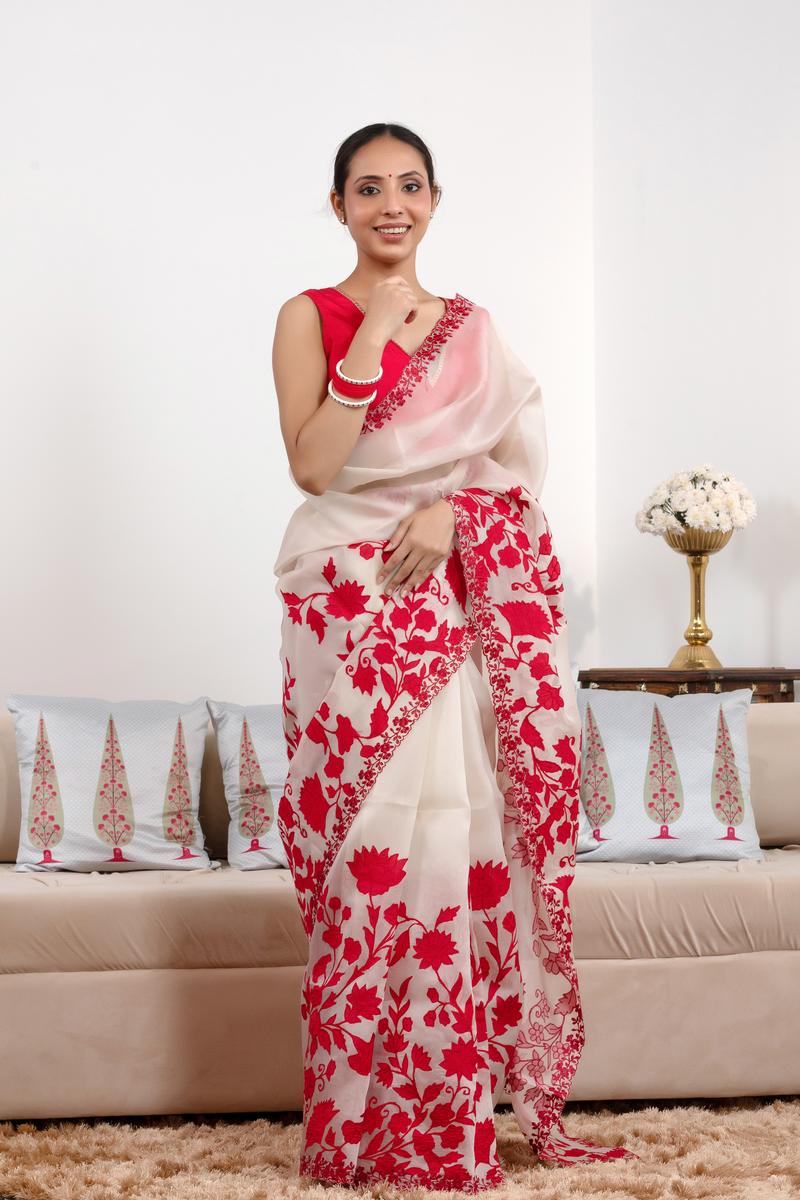 Red Organza Silk Saree with Floral Aari Handwork