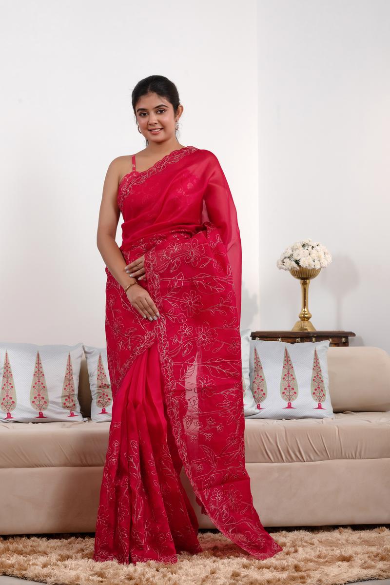 Red Organza Silk Saree with Floral Aari Handwork