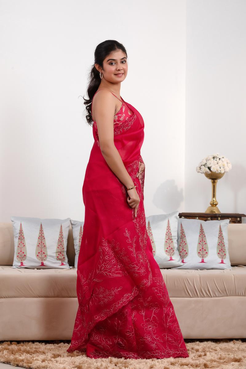 Red Organza Silk Saree with Floral Aari Handwork