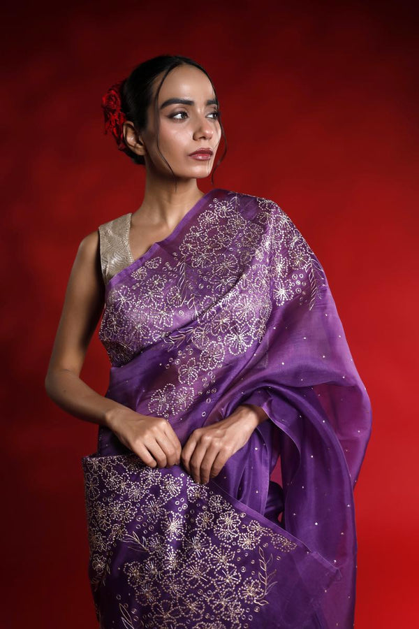 Woman wearing a purple saree with white patterns against a red background