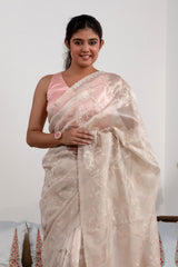 Off White Tissue Silk Saree with Floral Jaal