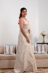 Off White Tissue Silk Saree with Floral Jaal