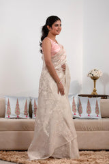 Off White Tissue Silk Saree with Floral Jaal