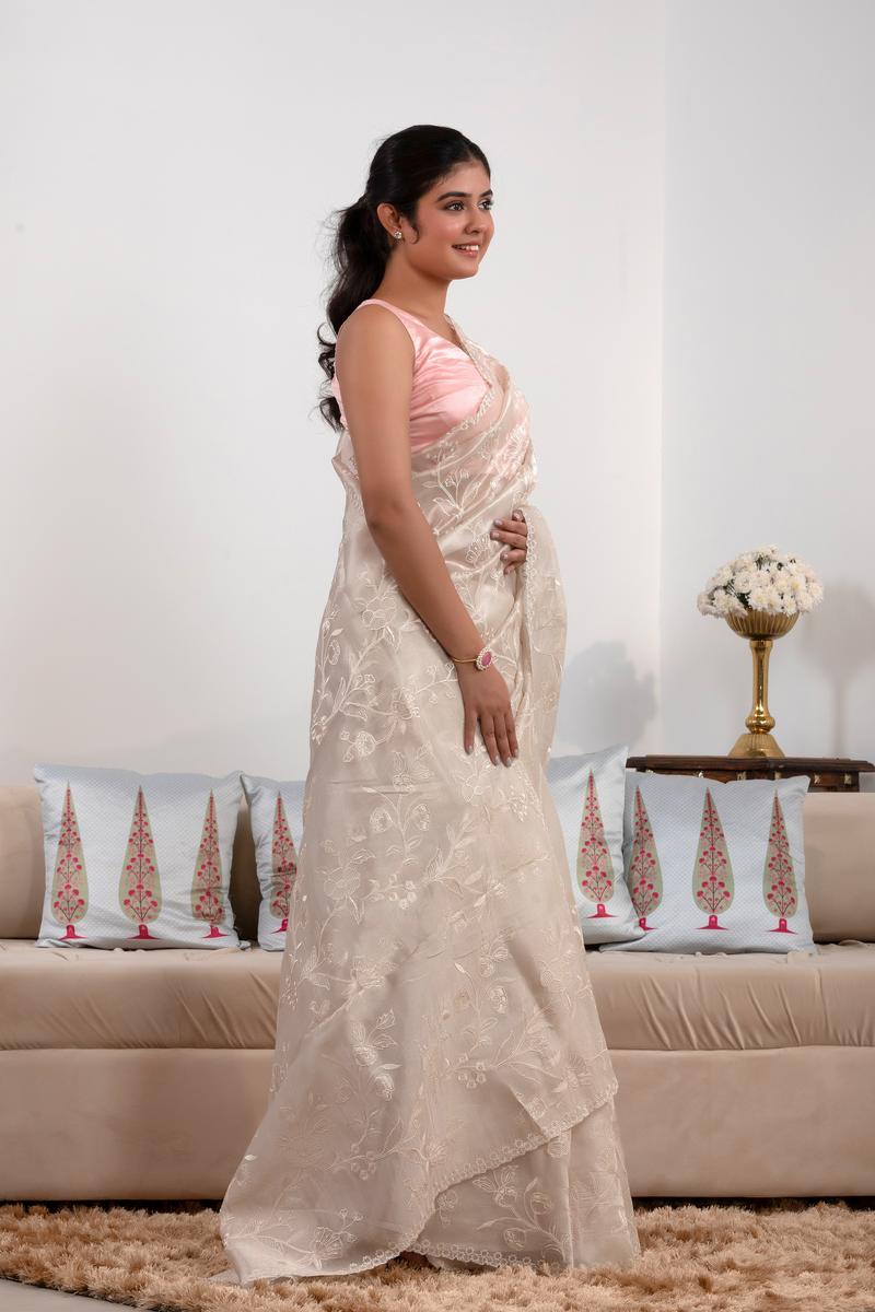 Off White Tissue Silk Saree with Floral Jaal
