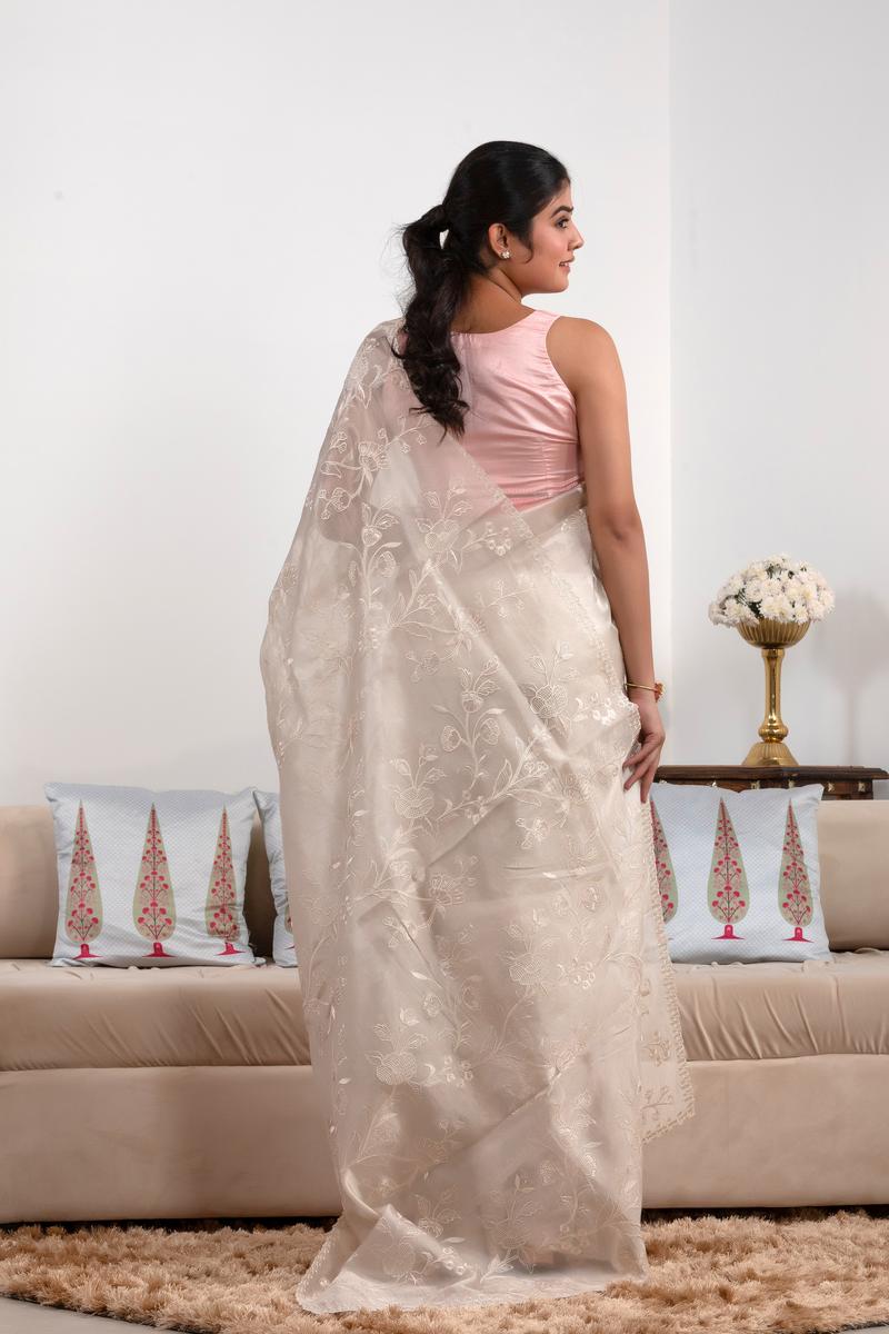 Off White Tissue Silk Saree with Floral Jaal