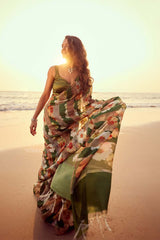 Shakti Mohan in Green Pure Tissue Silk Saree with Digital Floral Prints