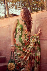 Shakti Mohan in Green Pure Tissue Silk Saree with Digital Floral Prints