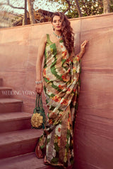 Shakti Mohan in Green Pure Tissue Silk Saree with Digital Floral Prints