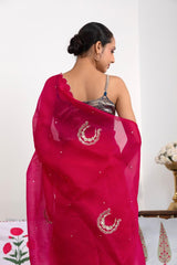 Pink Organza Silk Saree with Scalloped Cutwork Border