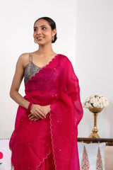 Pink Organza Silk Saree with Scalloped Cutwork Border