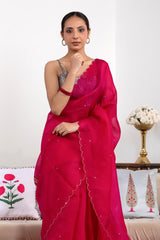 Pink Organza Silk Saree with Scalloped Cutwork Border
