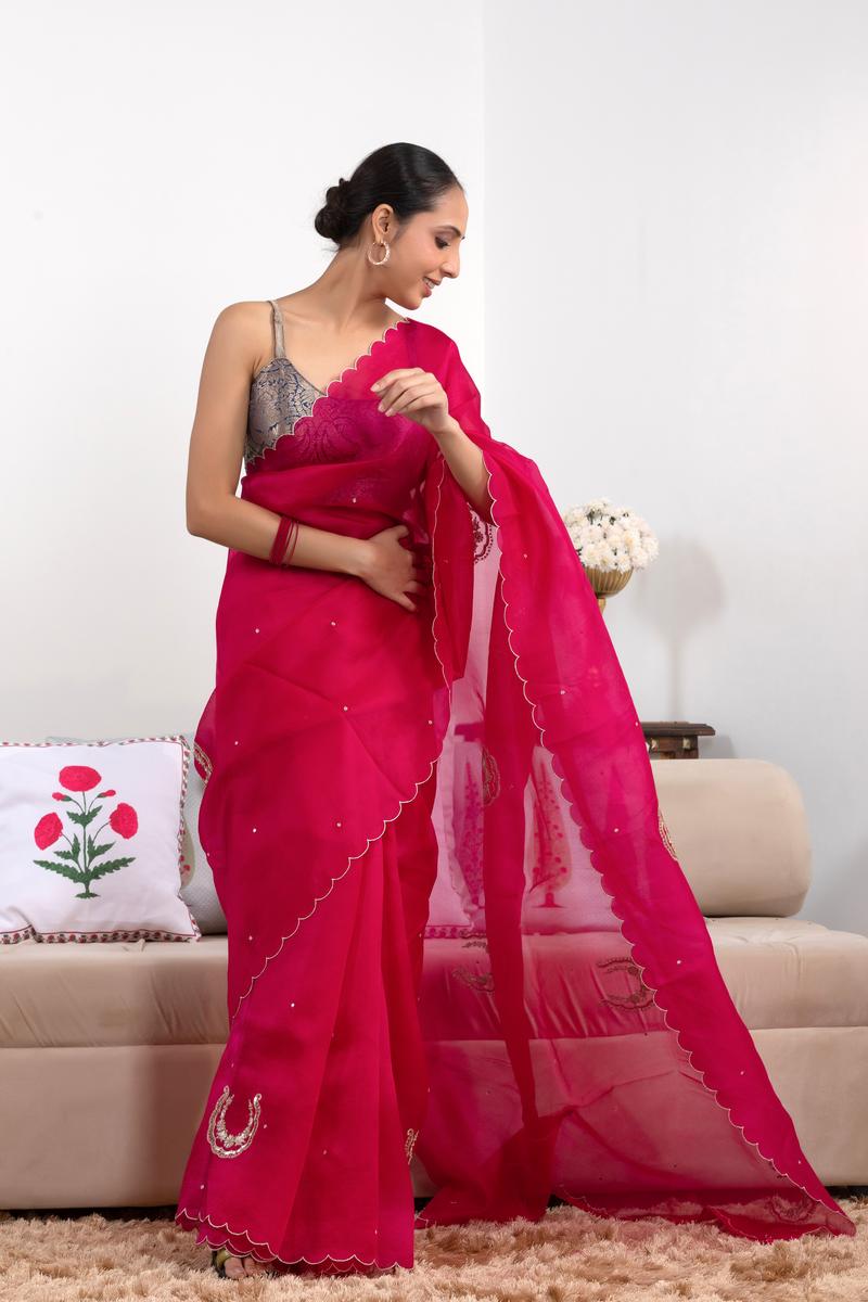 Pink Organza Silk Saree with Scalloped Cutwork Border