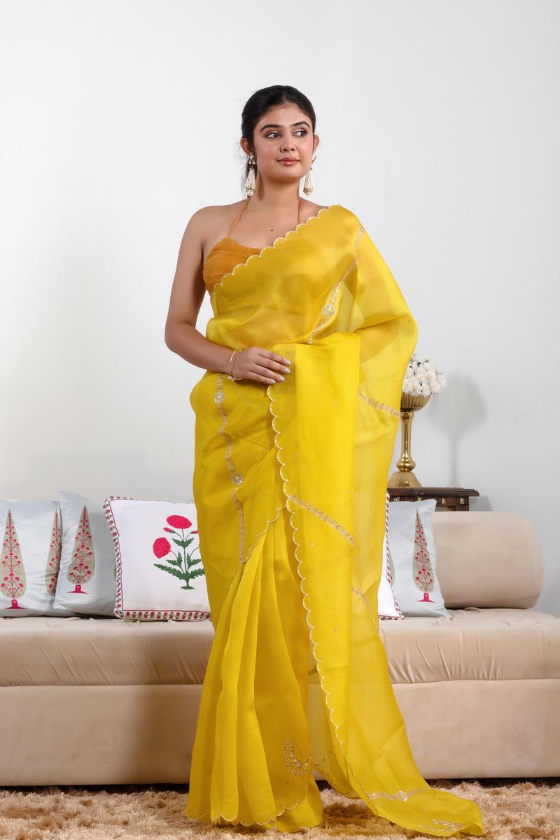 Yellow Organza Silk Saree with Scalloped Cutwork Border