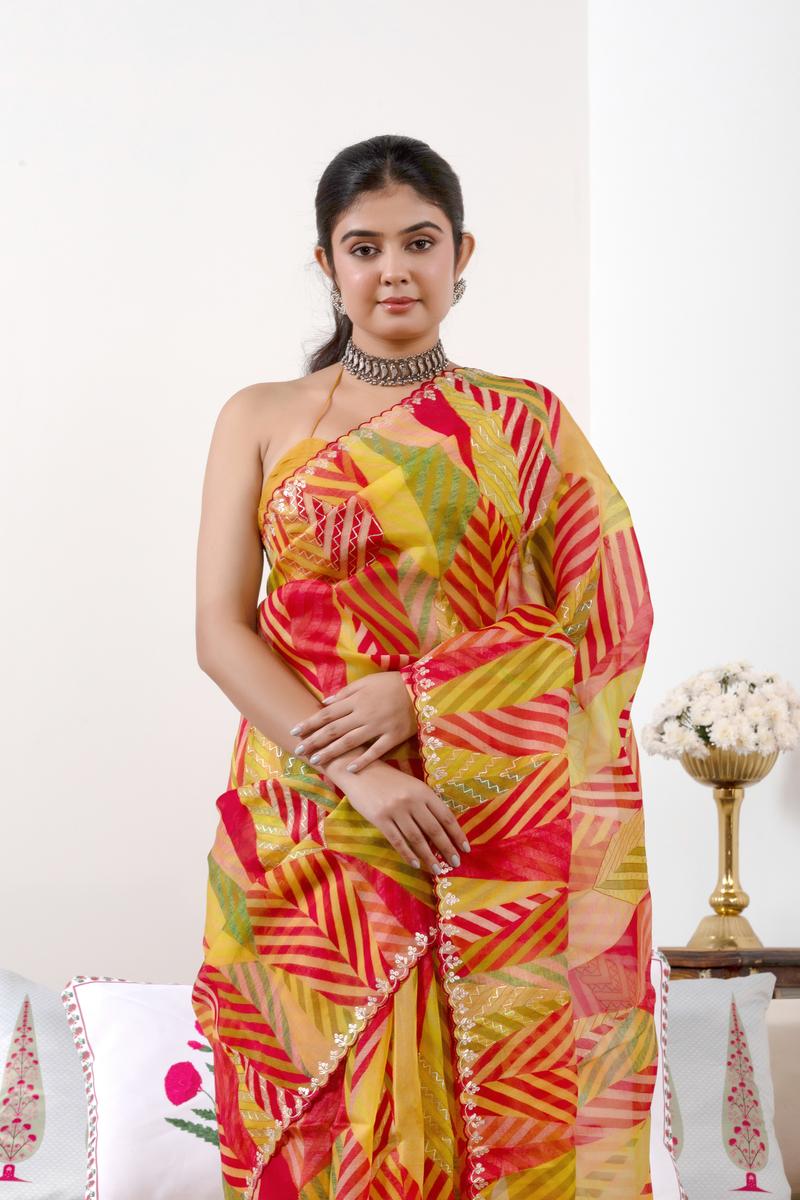 Multicolored Banarasi Organza Silk Saree with Prints & Aari Work