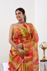 Multicolored Banarasi Organza Silk Saree with Prints & Aari Work