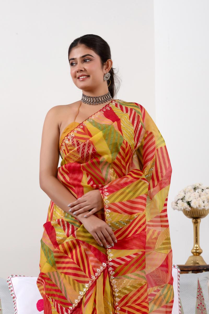 Multicolored Banarasi Organza Silk Saree with Prints & Aari Work