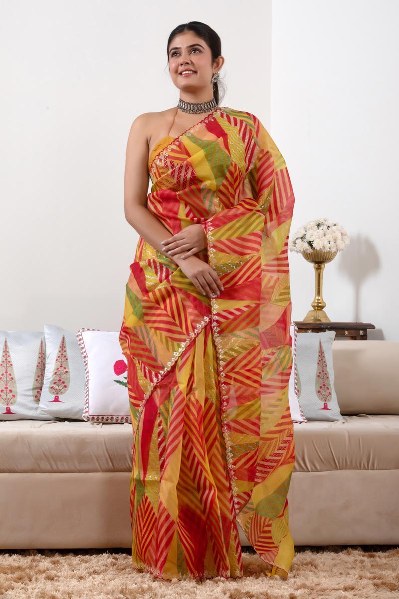 Multicolored Banarasi Organza Silk Saree with Prints & Aari Work