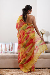 Multicolored Banarasi Organza Silk Saree with Prints & Aari Work