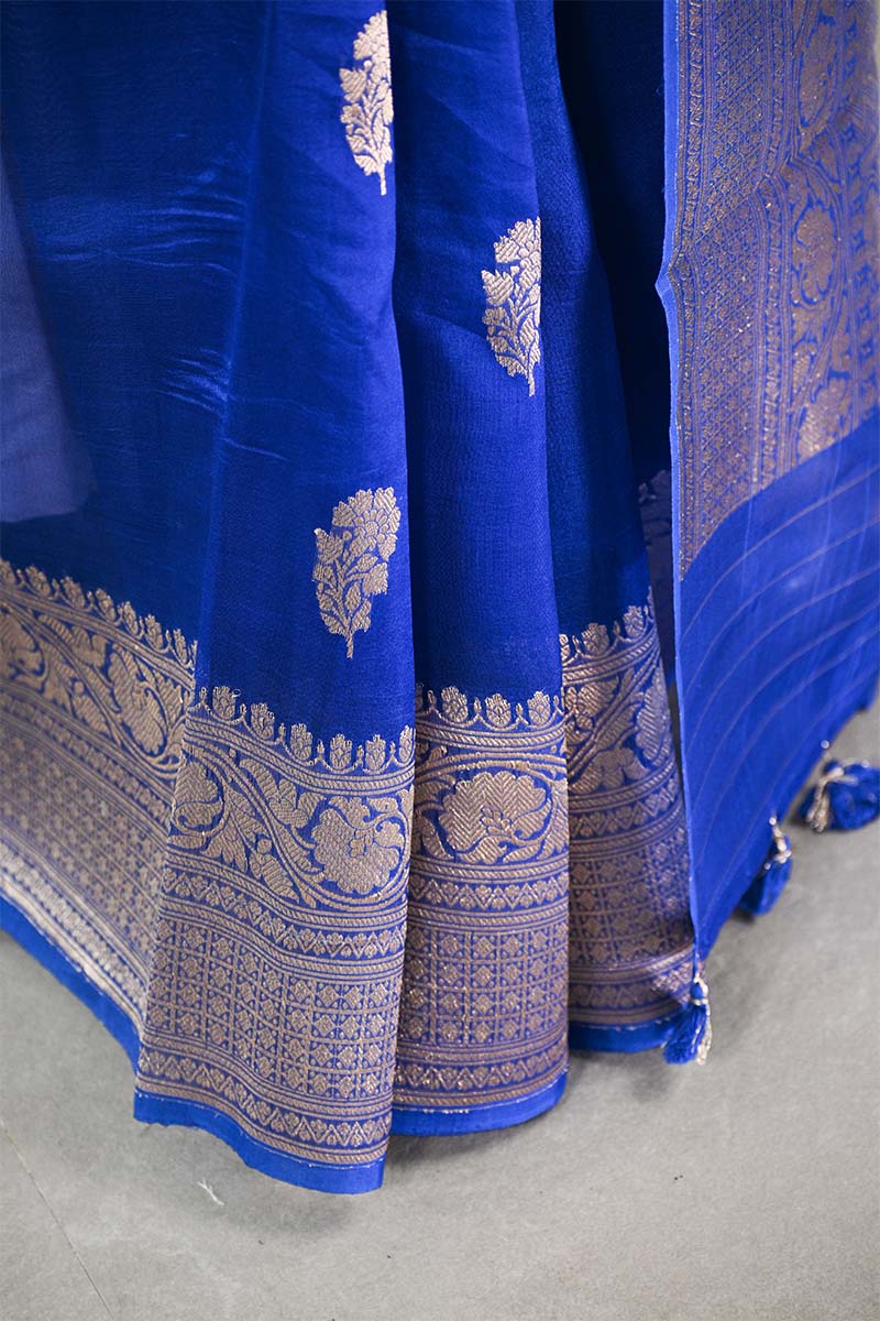 Royal Blue Organza Silk Saree with Gold Zari Work