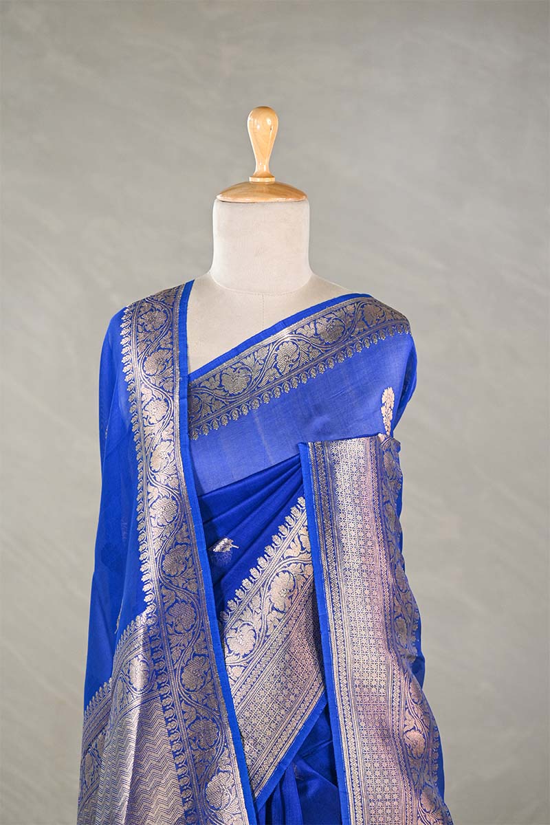 Royal Blue Organza Silk Saree with Gold Zari Work