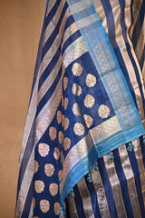 Blue Organza Tissue Silk Saree with Silver Zari Stripes