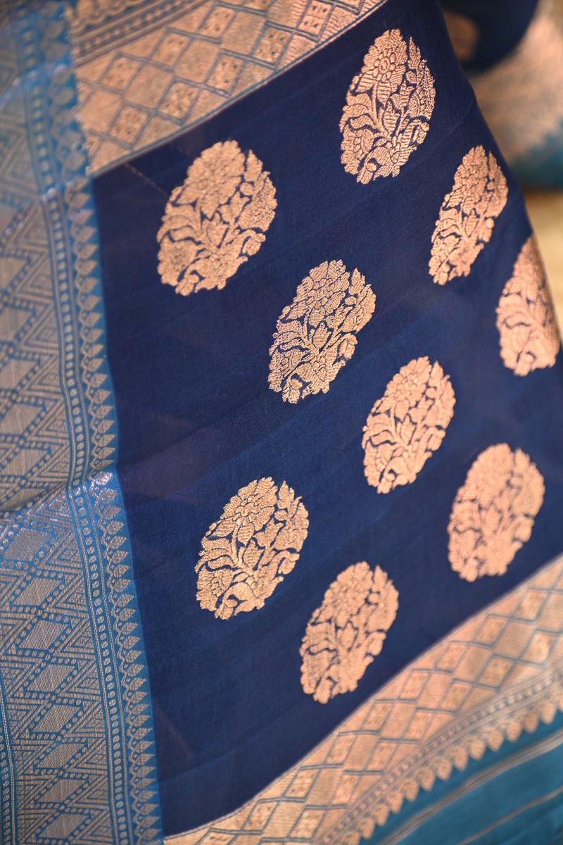 Blue Organza Tissue Silk Saree with Silver Zari Stripes