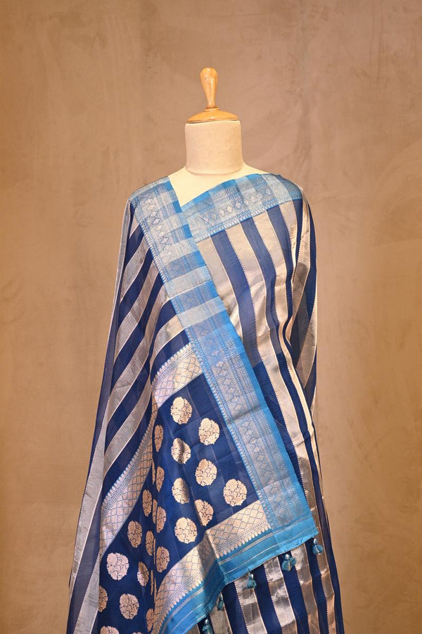 Blue Organza Tissue Silk Saree with Silver Zari Stripes