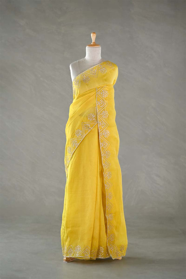 Yellow saree, organza saree, Bollywood saree, Banarasi saree, party wear saree, Wedding Saree