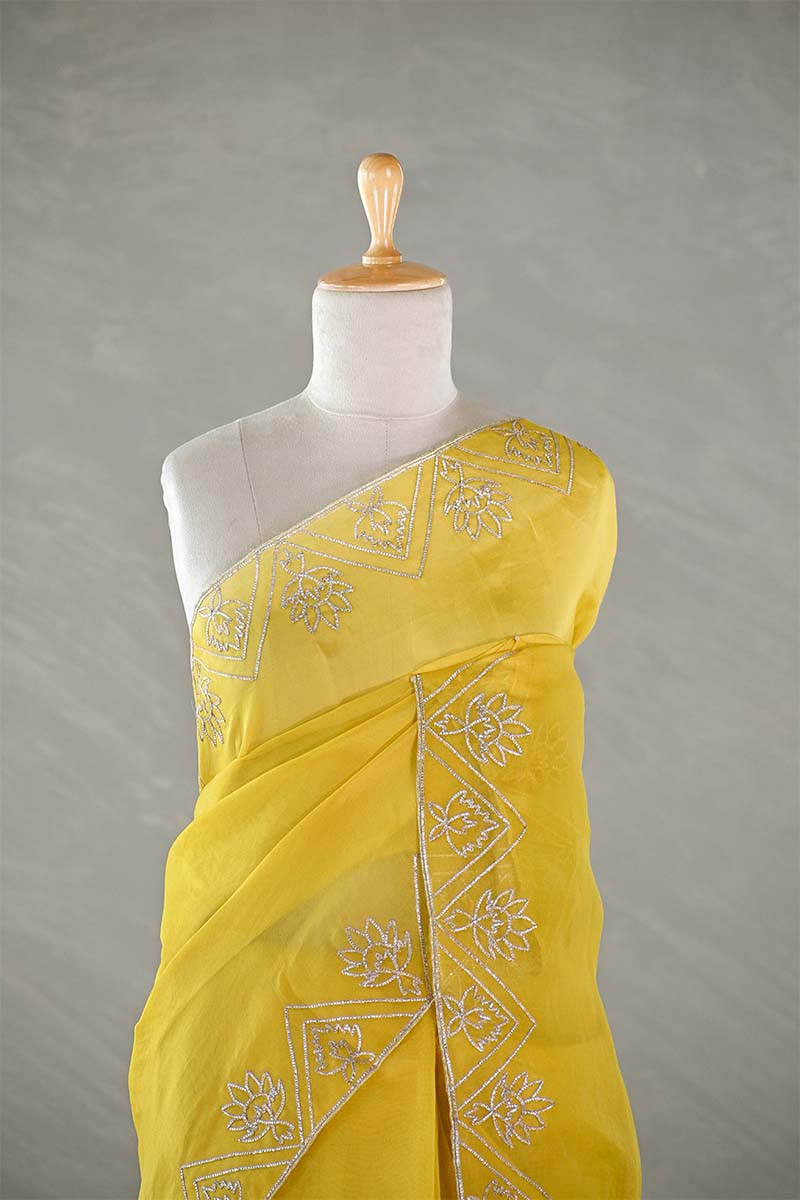 Yellow Organza Silk Saree with Gota Patti