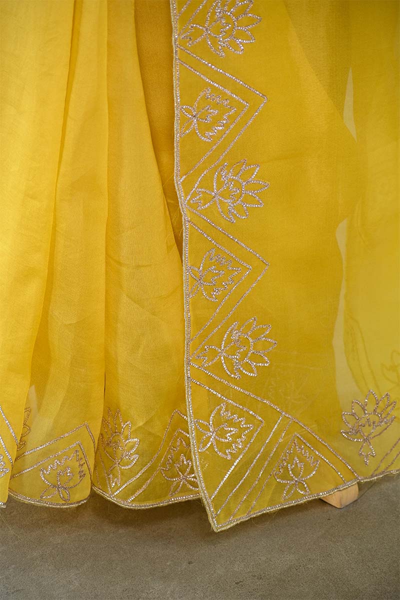 Yellow Organza Silk Saree with Gota Patti