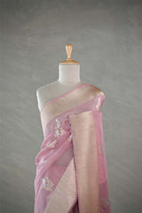 Baby Pink Handloom Organza Silk Saree with Gold Zari Kingfisher Motif