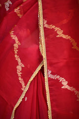 Red Organza Silk Saree with Gold-Silver Zari Stripes