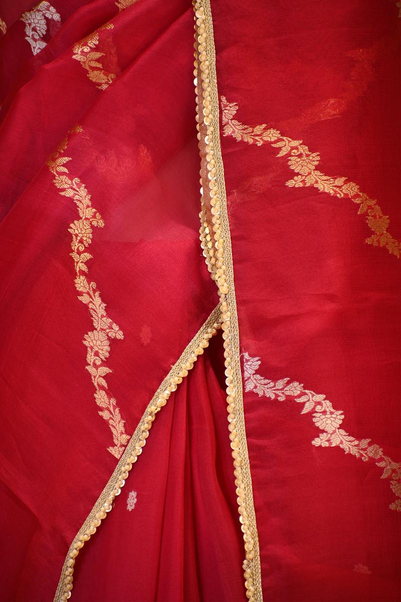 Red Organza Silk Saree with Gold-Silver Zari Stripes