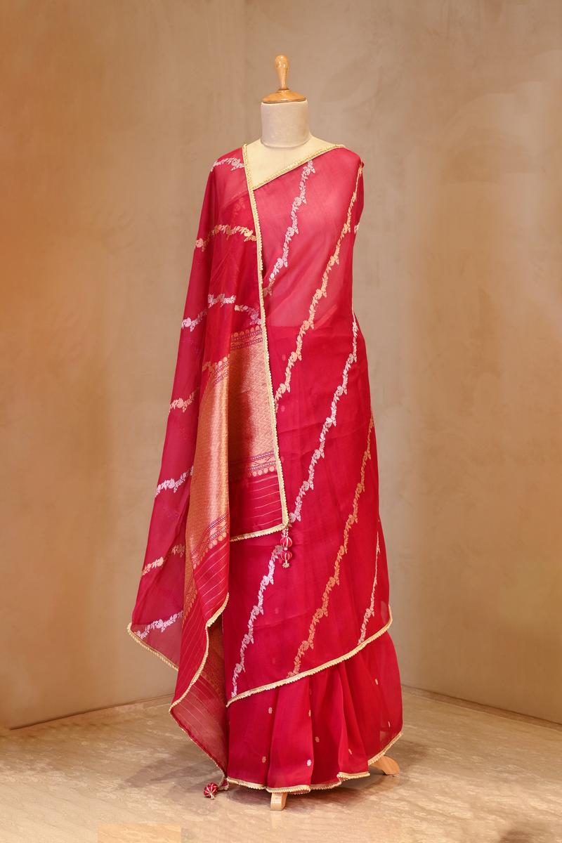 Red Organza Silk Saree with Gold-Silver Zari Stripes