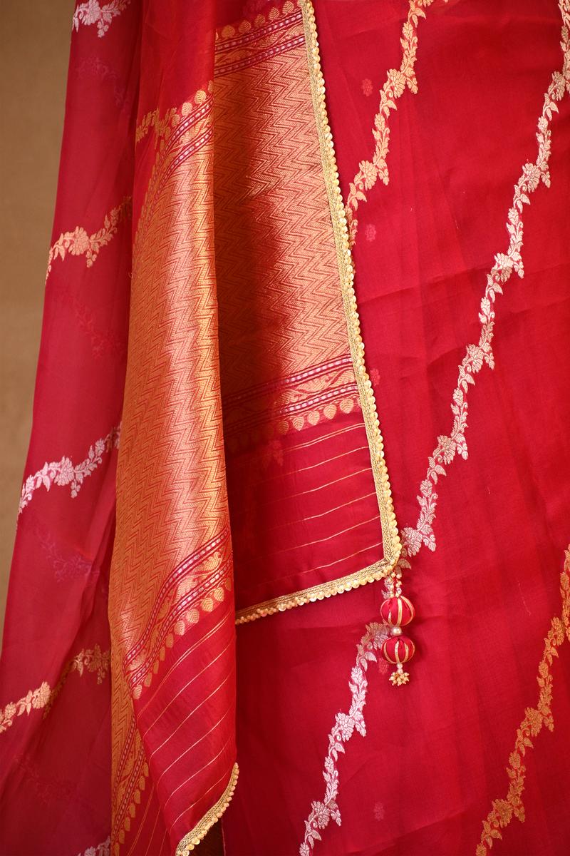 Red Organza Silk Saree with Gold-Silver Zari Stripes