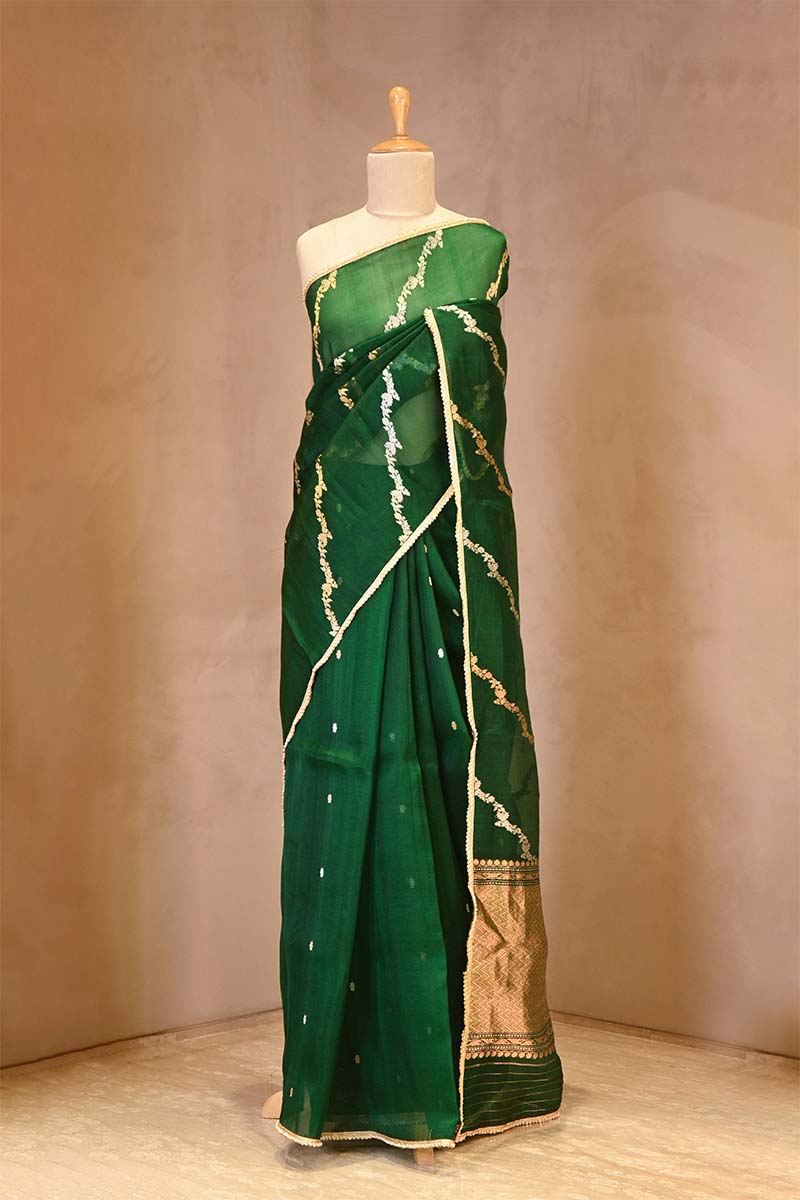 Green Organza Silk Saree with Gold-Silver Zari Stripes